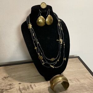 AFRICAN Tribal BEADED Multi-Strand LONG Brass NECKLACE Carved BRACELET EARRINGS